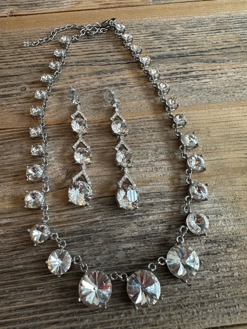 Crystal Drop Necklace and Earrings Set - Silver Tone